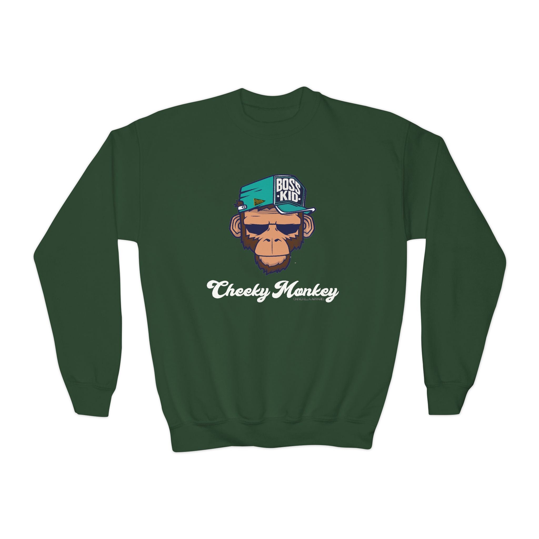 Green sweatshirt with monkey graphic and 'Cheeky Monkey' text on a white background
